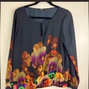 Mexx - beautiful black blouse with floral watercolor pattern.  Size UK 18 US 14